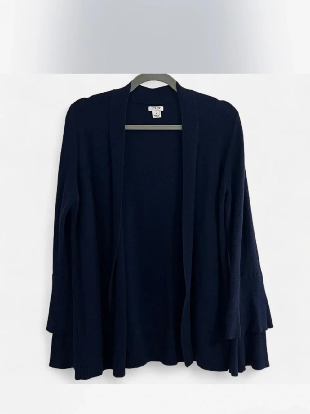 J.Crew Open-Front Navy Cardigan Sweater with Tiered Ruffle Sleeve Details